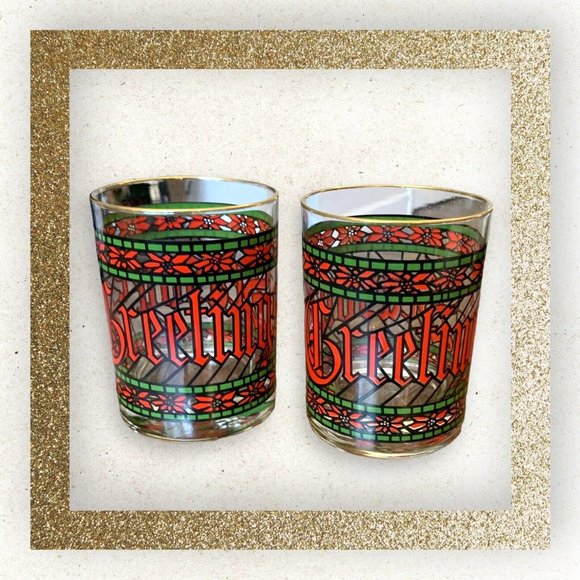 2 Vintage MCM HOUZE “Seasons Greetings” Stained Glass Gold Rimmed Glass - Picture 3 of 6